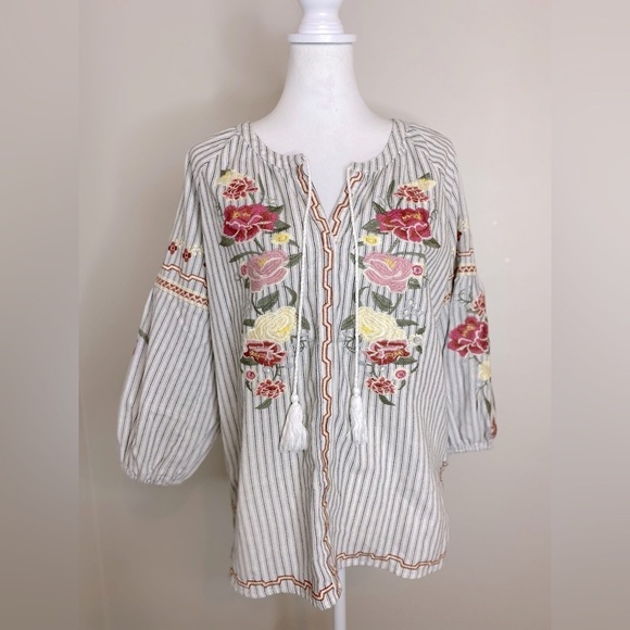 paparazzi Tops - Floral Embroidered Cotton Bubble Sleeve Bohemian Tassel Striped Women's Top Sz M